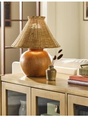 NWT Hearth & Hand with Magnolia Wood Base with Rattan Shade Accent Table Lamp